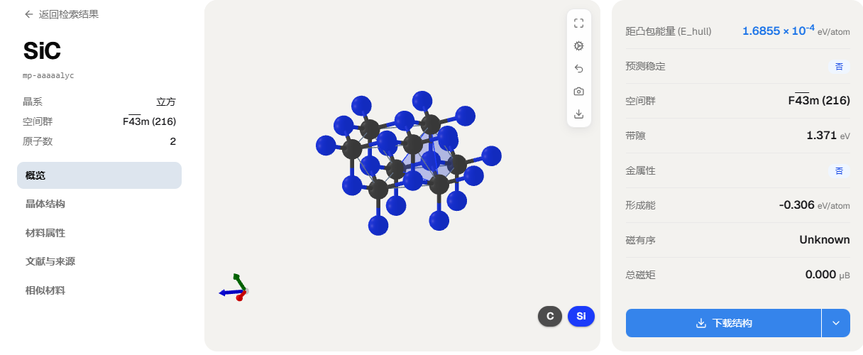 SiC 记录详情：左侧材料 ID 与目录，中间晶体结构，右侧带单位的性质及下载结构入口